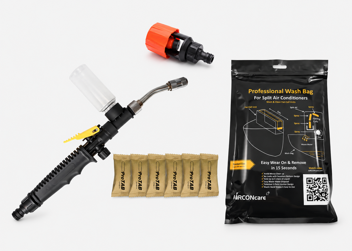 AIRCONcare ProTAB Jet-Wash AC cleaning kit with six ProTAB-branded sachets, wash bag, sprayer and connector