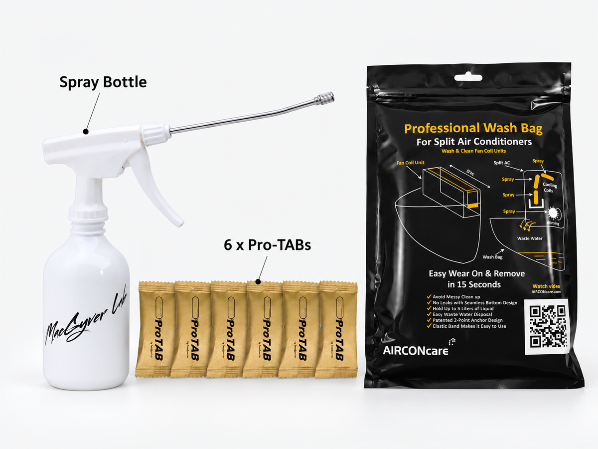 AIRCONcare ProTAB Kit 5 with a white plastic long-nozzle spray bottle, six gold-wrapped tablets, and black wash bag.