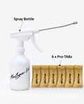 AIRCONcare ProTAB Kit 5 with white plastic long-nozzle spray bottle and six gold foil-wrapped cleaning tablets.